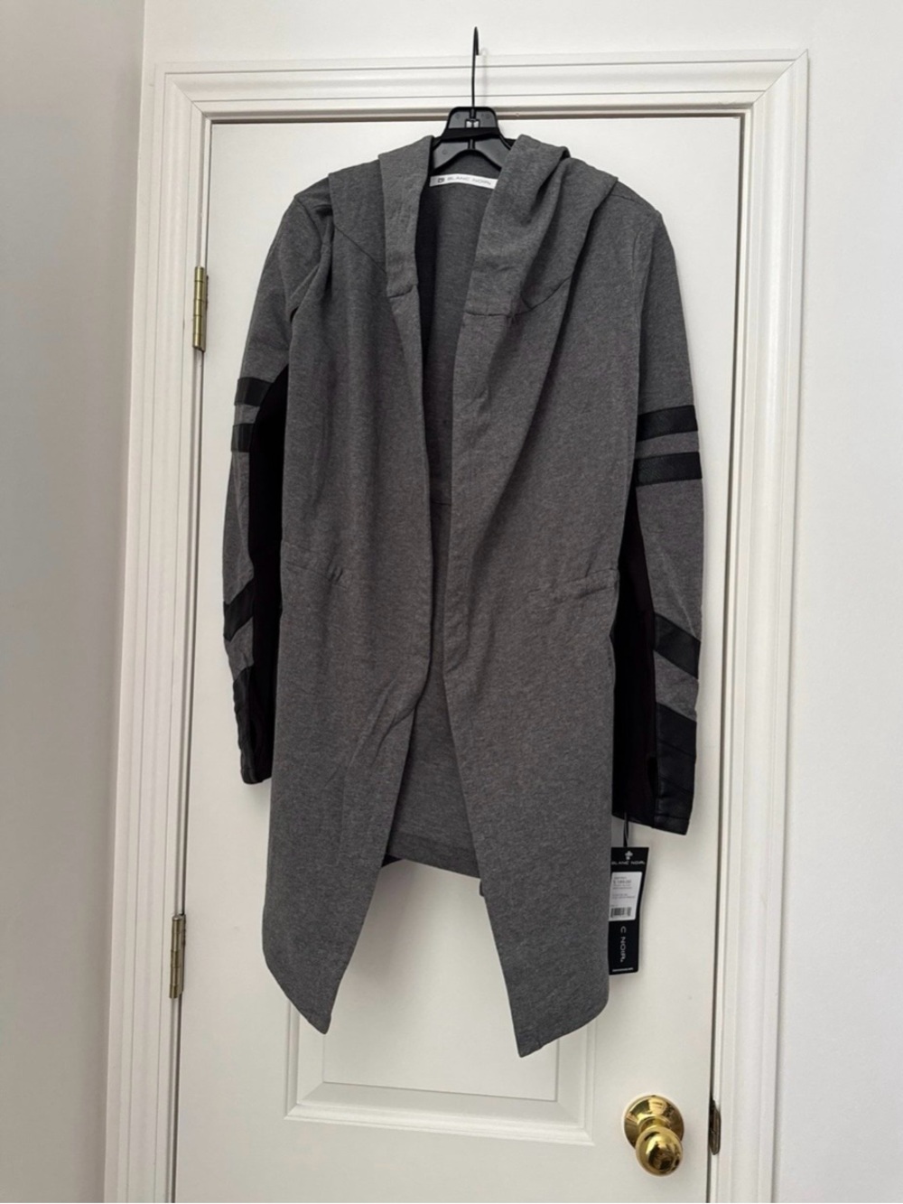 blanc noir Grey Hooded Open Cardigan with Black Sleeve Accents
